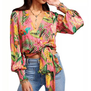 $395 Ramy Brook Quentin Printed Wrap Silk Top Size XXS Long Bell Sleeves NEW